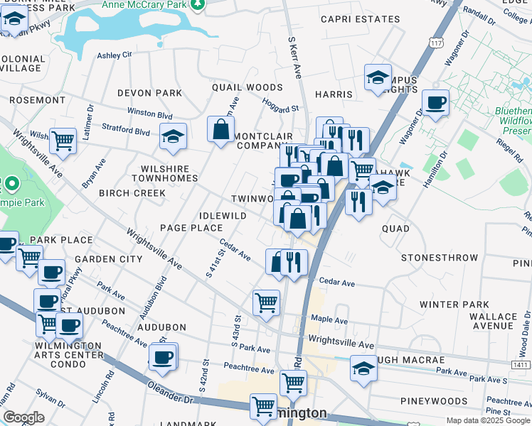 map of restaurants, bars, coffee shops, grocery stores, and more near 821 Varsity Drive in Wilmington