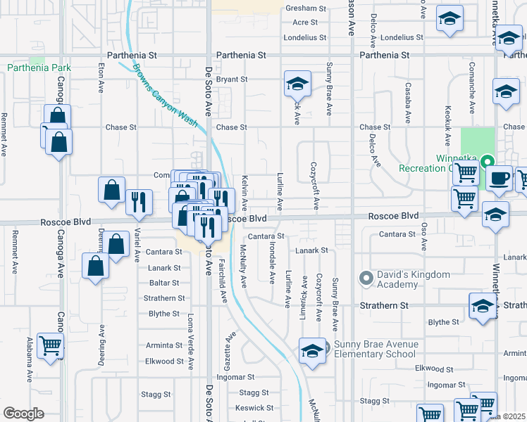 map of restaurants, bars, coffee shops, grocery stores, and more near 20737 Roscoe Boulevard in Los Angeles