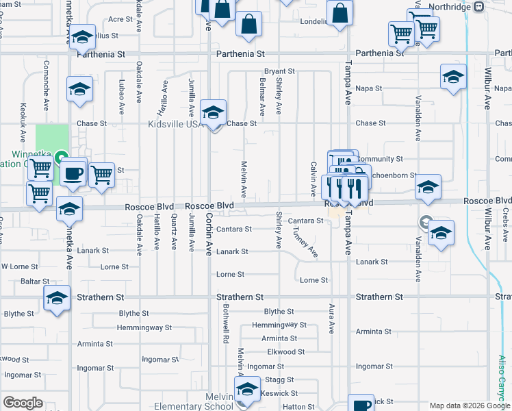 map of restaurants, bars, coffee shops, grocery stores, and more near 19506 Roscoe Boulevard in Los Angeles