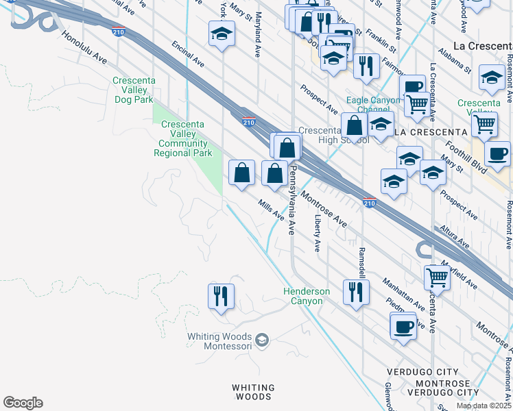 map of restaurants, bars, coffee shops, grocery stores, and more near 3305 Mills Avenue in Glendale