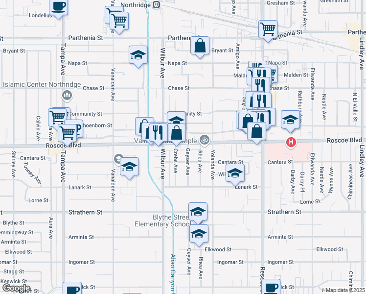 map of restaurants, bars, coffee shops, grocery stores, and more near 18810 Roscoe Boulevard in Los Angeles