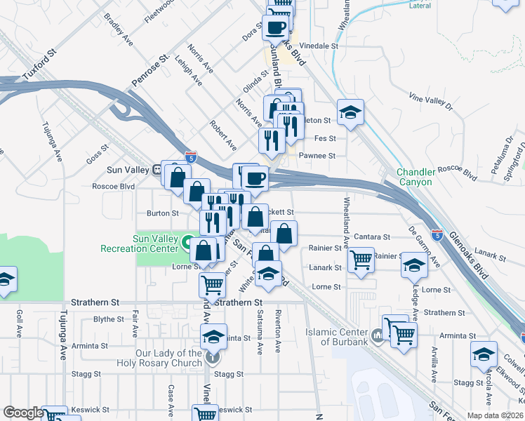 map of restaurants, bars, coffee shops, grocery stores, and more near 10857 Crockett Street in Los Angeles