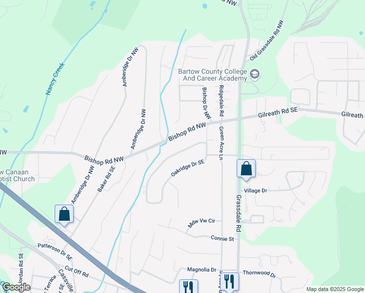 map of restaurants, bars, coffee shops, grocery stores, and more near 383 Oakridge Drive Southeast in Cartersville