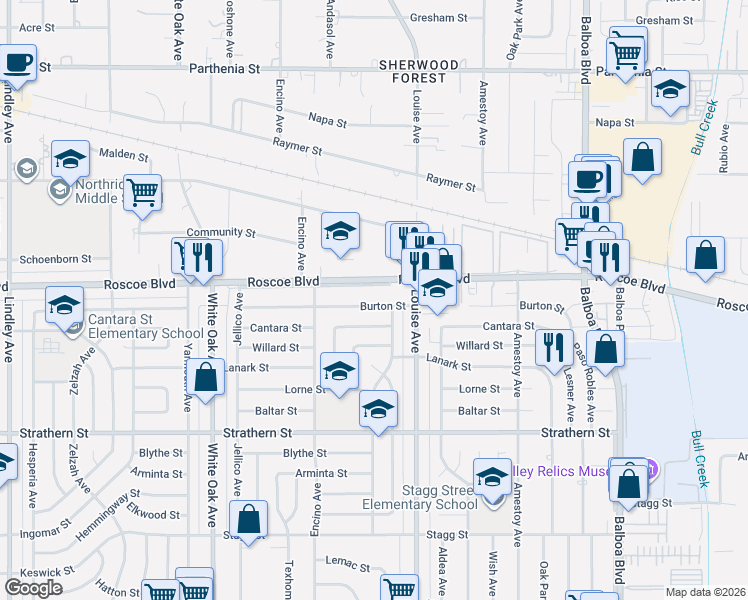 map of restaurants, bars, coffee shops, grocery stores, and more near 17388 Roscoe Boulevard in Los Angeles