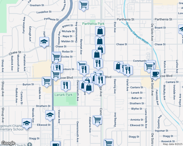 map of restaurants, bars, coffee shops, grocery stores, and more near 21515 Roscoe Boulevard in Los Angeles