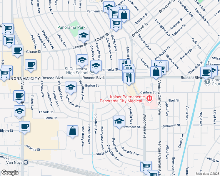 map of restaurants, bars, coffee shops, grocery stores, and more near 8219 Cantaloupe Avenue in Los Angeles