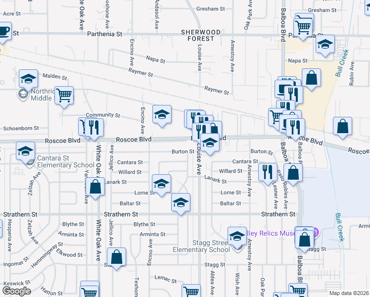 map of restaurants, bars, coffee shops, grocery stores, and more near 17335 Burton Street in Los Angeles