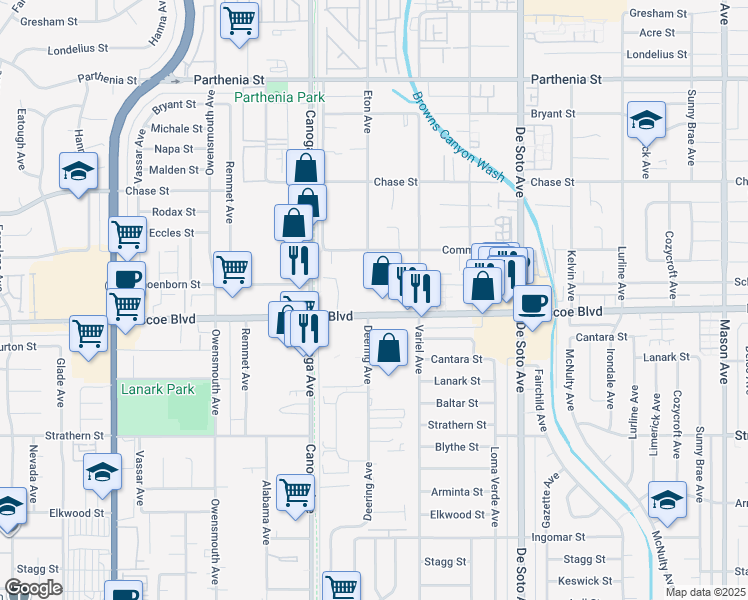 map of restaurants, bars, coffee shops, grocery stores, and more near 21225 Roscoe Boulevard in Los Angeles