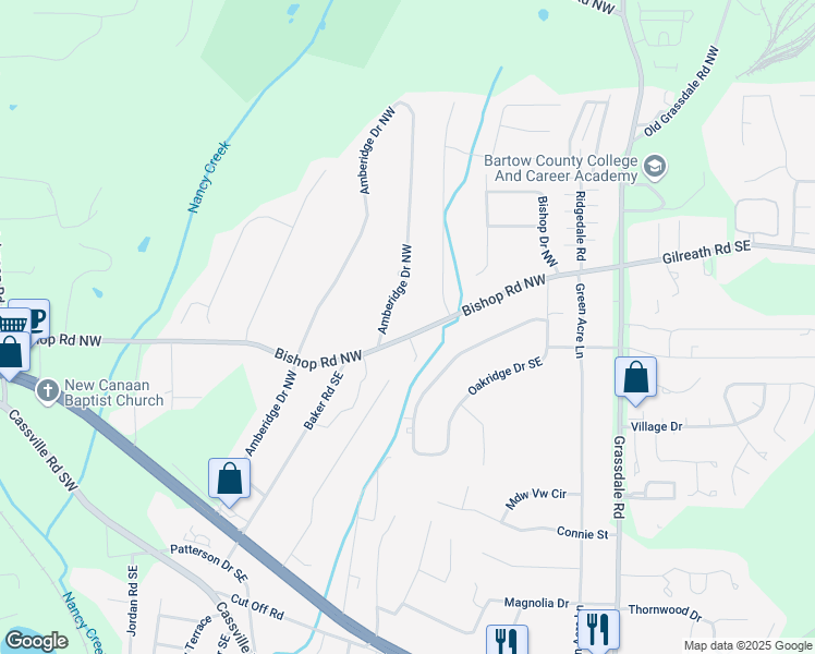map of restaurants, bars, coffee shops, grocery stores, and more near 132 Bishop Road Northwest in Cartersville