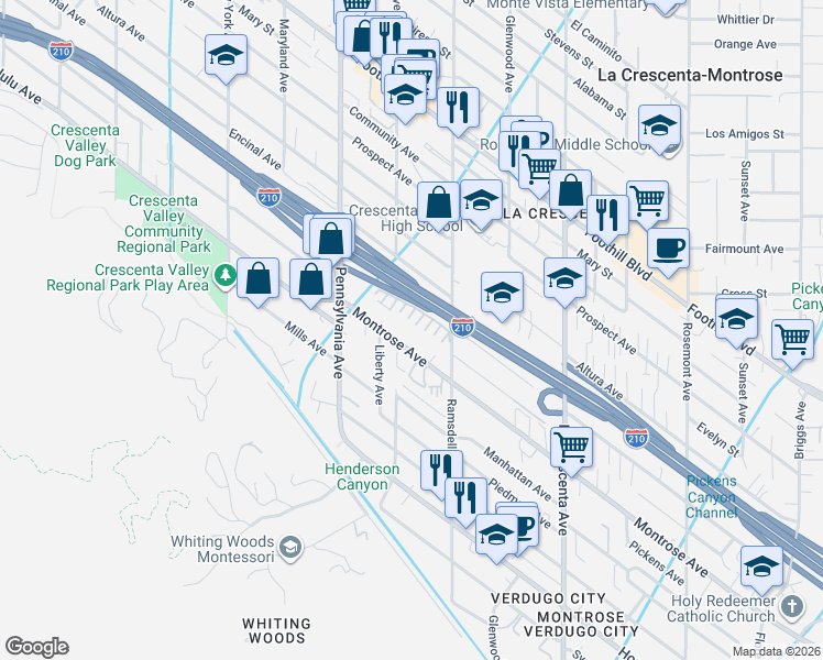 map of restaurants, bars, coffee shops, grocery stores, and more near 3049 Montrose Avenue in La Crescenta-Montrose