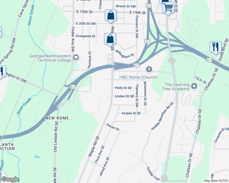 map of restaurants, bars, coffee shops, grocery stores, and more near 2415 Maple Road Southeast in Rome