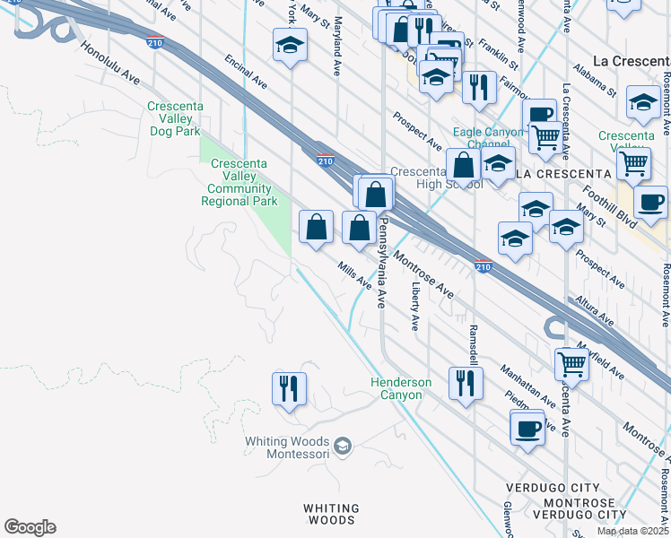 map of restaurants, bars, coffee shops, grocery stores, and more near 3305 Mills Avenue in Glendale