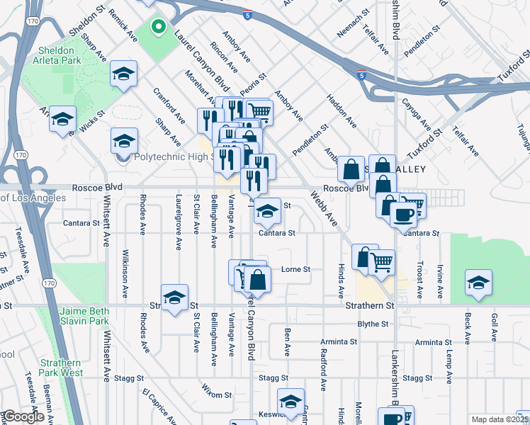 map of restaurants, bars, coffee shops, grocery stores, and more near 12011 Burton Street in Los Angeles