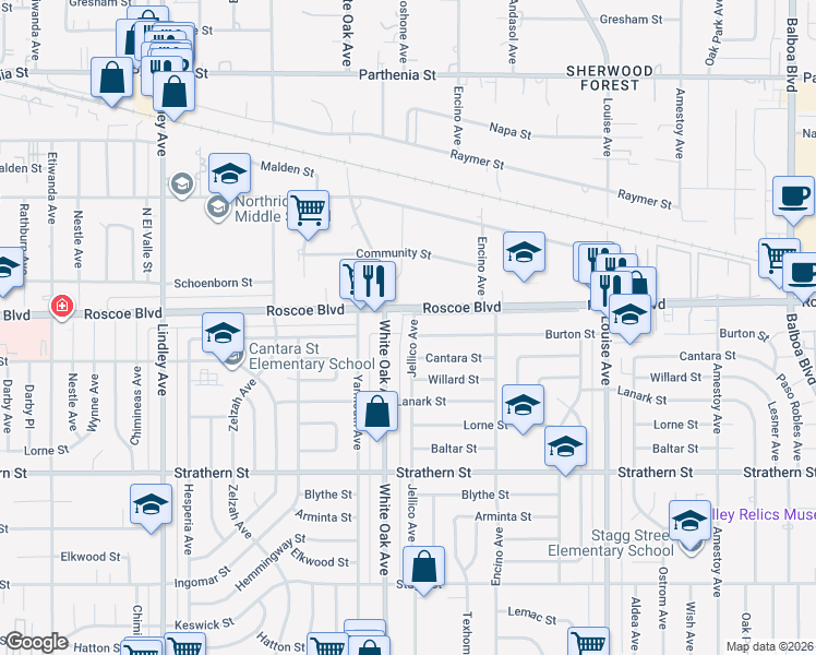 map of restaurants, bars, coffee shops, grocery stores, and more near 8254 White Oak Avenue in Los Angeles