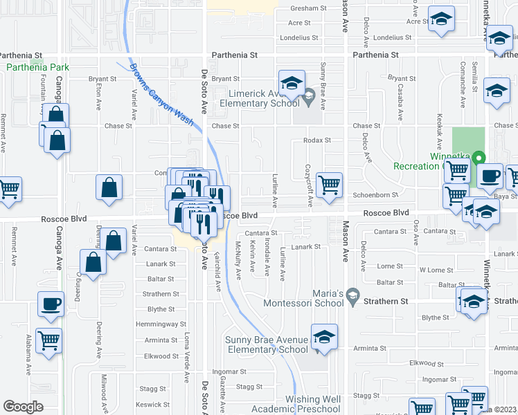 map of restaurants, bars, coffee shops, grocery stores, and more near 8330 McCue Court in Los Angeles