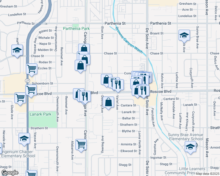 map of restaurants, bars, coffee shops, grocery stores, and more near 8340 Eton Avenue in Los Angeles