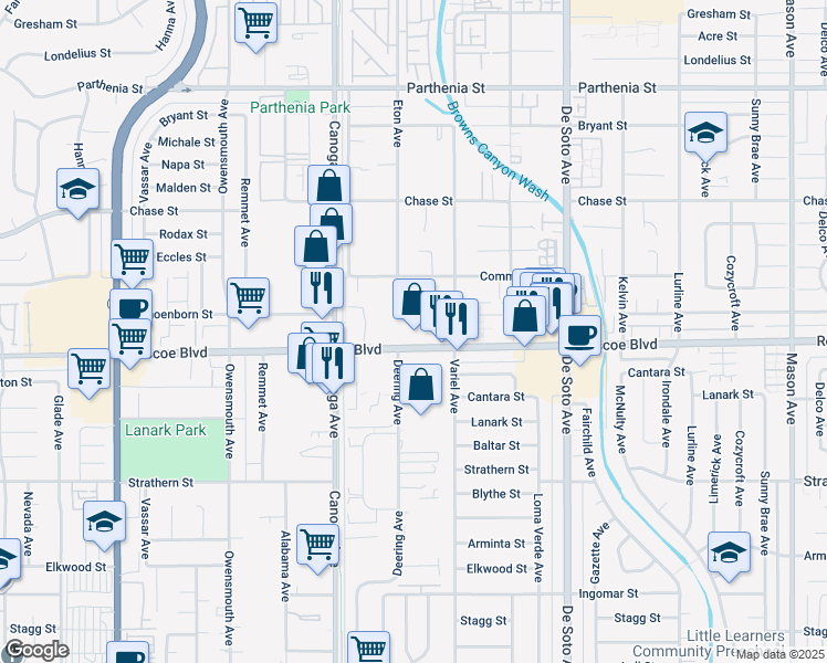 map of restaurants, bars, coffee shops, grocery stores, and more near 8340 Eton Avenue in Los Angeles