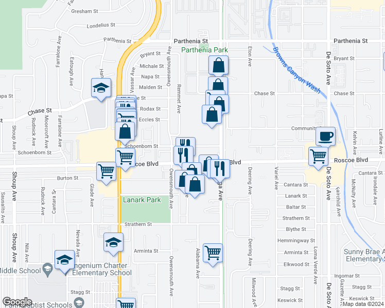 map of restaurants, bars, coffee shops, grocery stores, and more near 21600 Schoenborn Street in Los Angeles