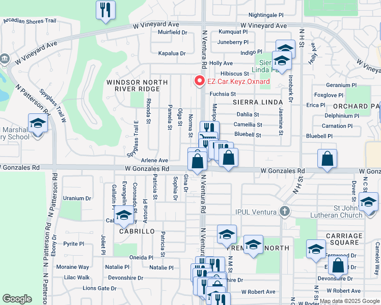 map of restaurants, bars, coffee shops, grocery stores, and more near 1965 Norma Street in Oxnard