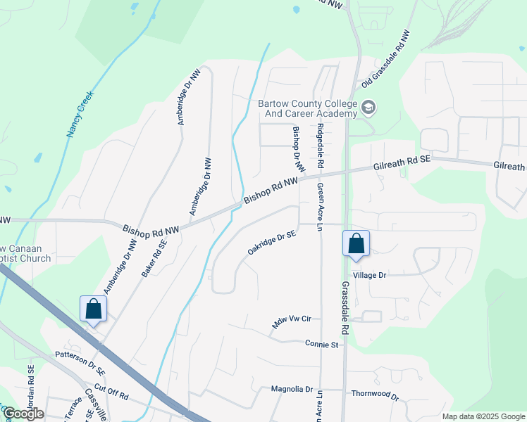 map of restaurants, bars, coffee shops, grocery stores, and more near 383 Oakridge Drive Southeast in Cartersville