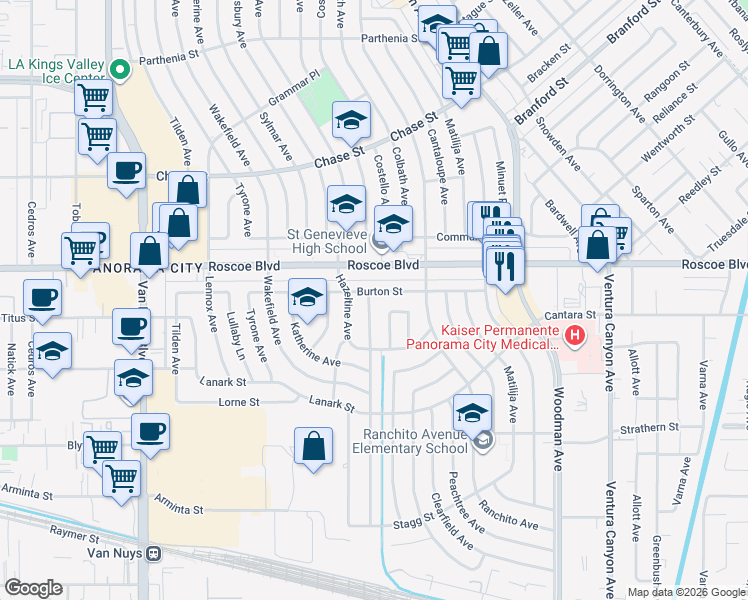 map of restaurants, bars, coffee shops, grocery stores, and more near 8214 Murietta Avenue in Los Angeles