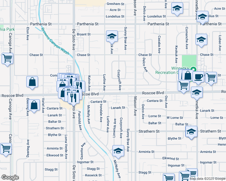 map of restaurants, bars, coffee shops, grocery stores, and more near 20645 Roscoe Boulevard in Los Angeles