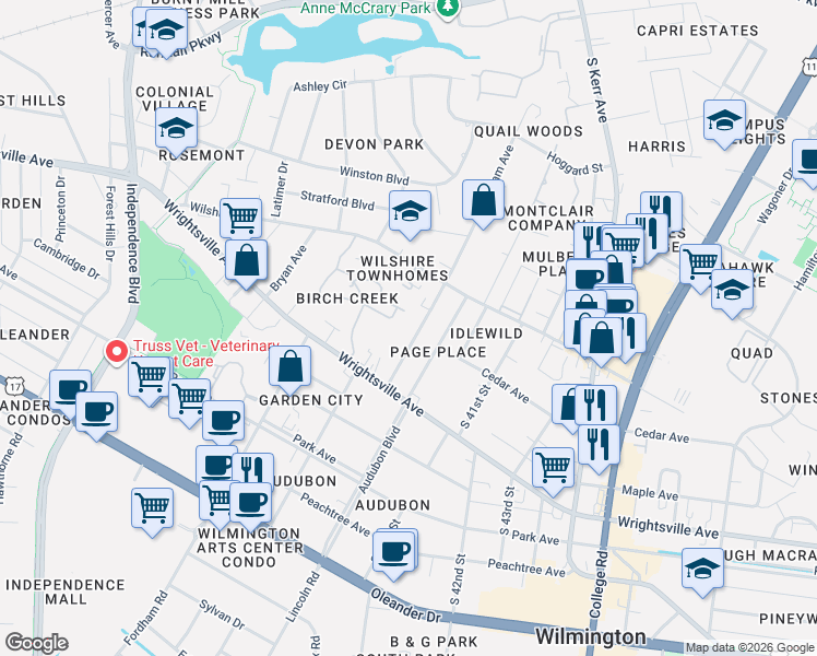 map of restaurants, bars, coffee shops, grocery stores, and more near 930 Bonham Avenue in Wilmington