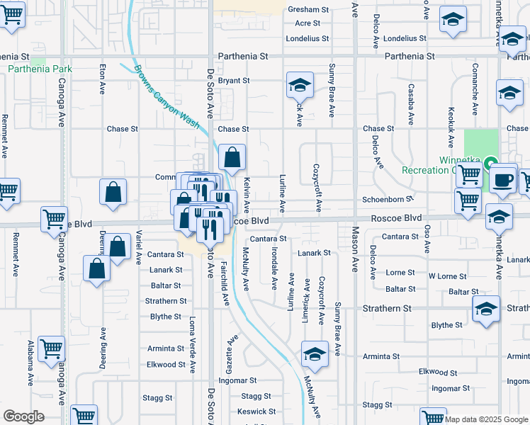 map of restaurants, bars, coffee shops, grocery stores, and more near 20737 Roscoe Boulevard in Los Angeles