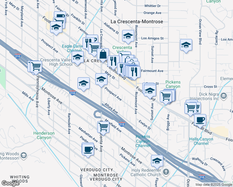map of restaurants, bars, coffee shops, grocery stores, and more near 2707 Prospect Avenue in La Crescenta-Montrose