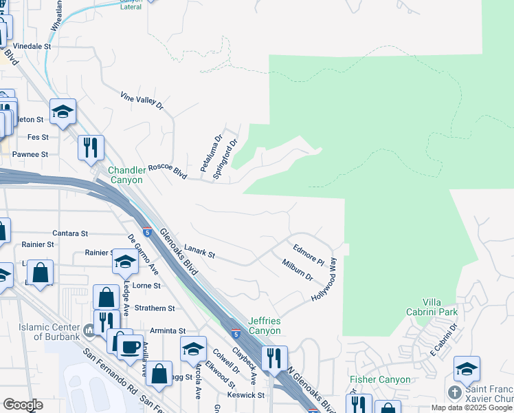 map of restaurants, bars, coffee shops, grocery stores, and more near 10066 Roscoe Boulevard in Los Angeles