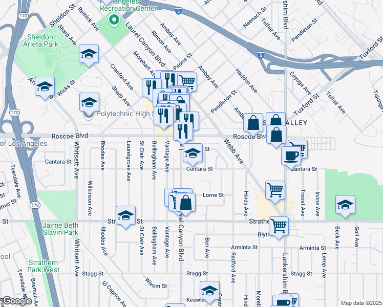 map of restaurants, bars, coffee shops, grocery stores, and more near 8235 Agnes Avenue in Los Angeles