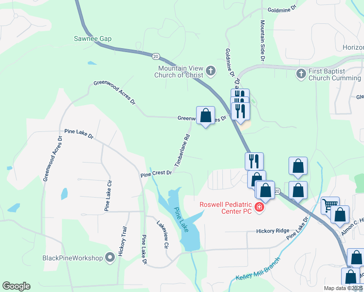 map of restaurants, bars, coffee shops, grocery stores, and more near Timberlane Road in Cumming