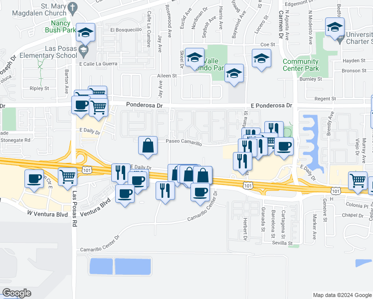map of restaurants, bars, coffee shops, grocery stores, and more near 730 Paseo Camarillo in Camarillo