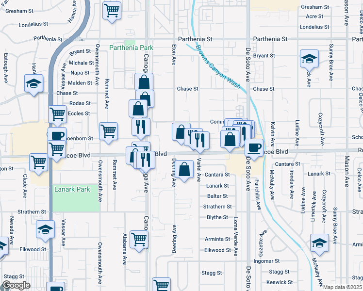 map of restaurants, bars, coffee shops, grocery stores, and more near 21219 Roscoe Boulevard in Los Angeles