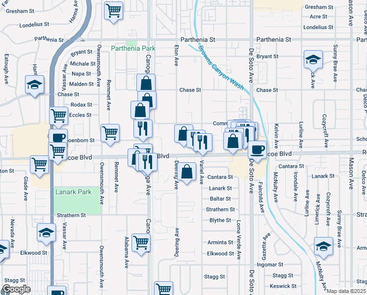 map of restaurants, bars, coffee shops, grocery stores, and more near 8340 Eton Avenue in Los Angeles