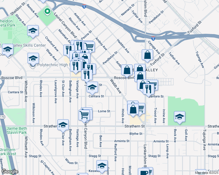 map of restaurants, bars, coffee shops, grocery stores, and more near Burton Street in Los Angeles
