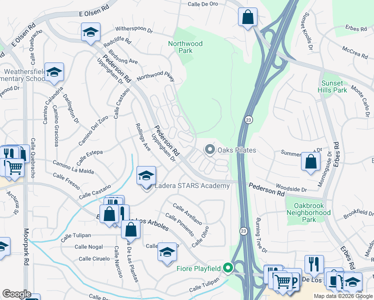 map of restaurants, bars, coffee shops, grocery stores, and more near 3011 Marigold Place in Thousand Oaks