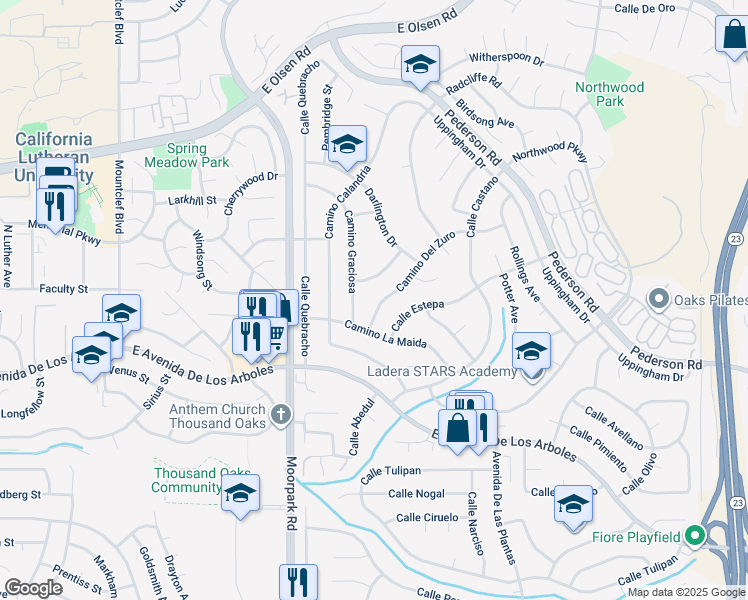 map of restaurants, bars, coffee shops, grocery stores, and more near 2947 Camino Del Zuro in Thousand Oaks