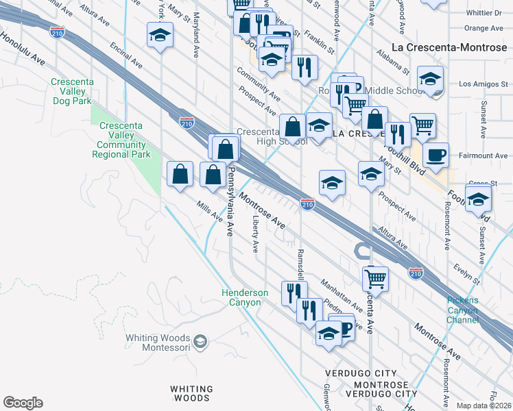 map of restaurants, bars, coffee shops, grocery stores, and more near Montrose Avenue & Liberty Avenue in Glendale