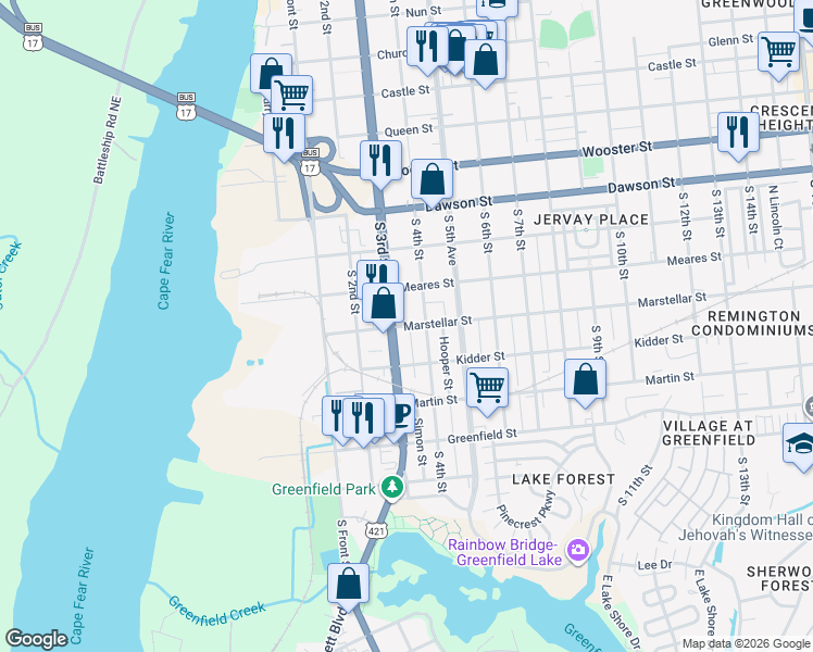 map of restaurants, bars, coffee shops, grocery stores, and more near 1110 South 4th Street in Wilmington