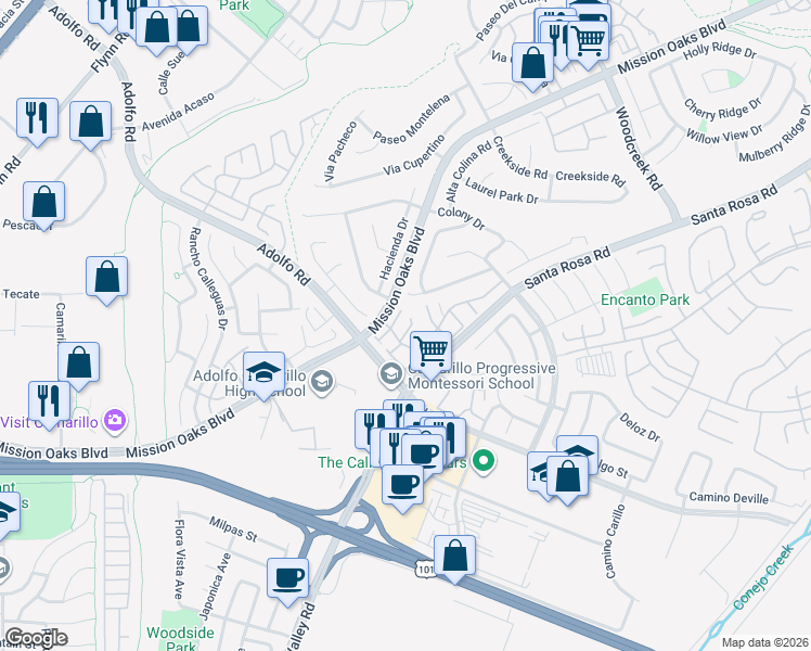 map of restaurants, bars, coffee shops, grocery stores, and more near 499 Sobre Colinas Place in Camarillo