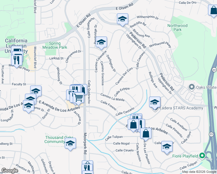 map of restaurants, bars, coffee shops, grocery stores, and more near 2947 Camino Del Zuro in Thousand Oaks