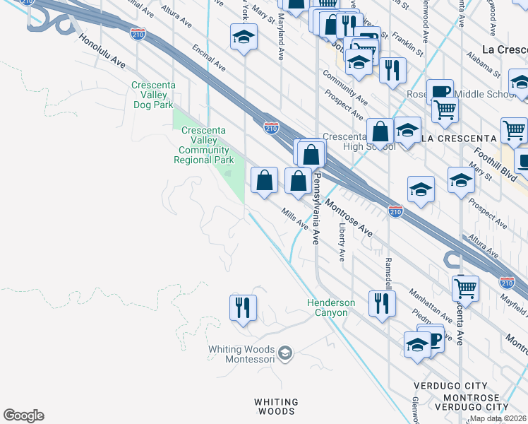 map of restaurants, bars, coffee shops, grocery stores, and more near 3337 Parkvista Drive in Glendale
