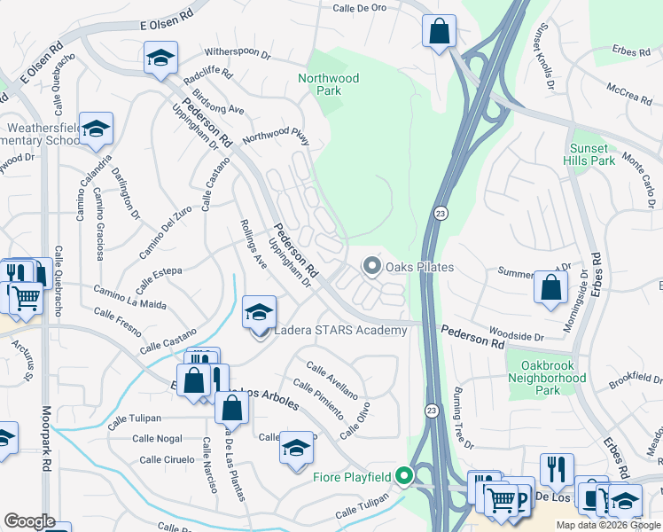 map of restaurants, bars, coffee shops, grocery stores, and more near 3011 Marigold Place in Thousand Oaks