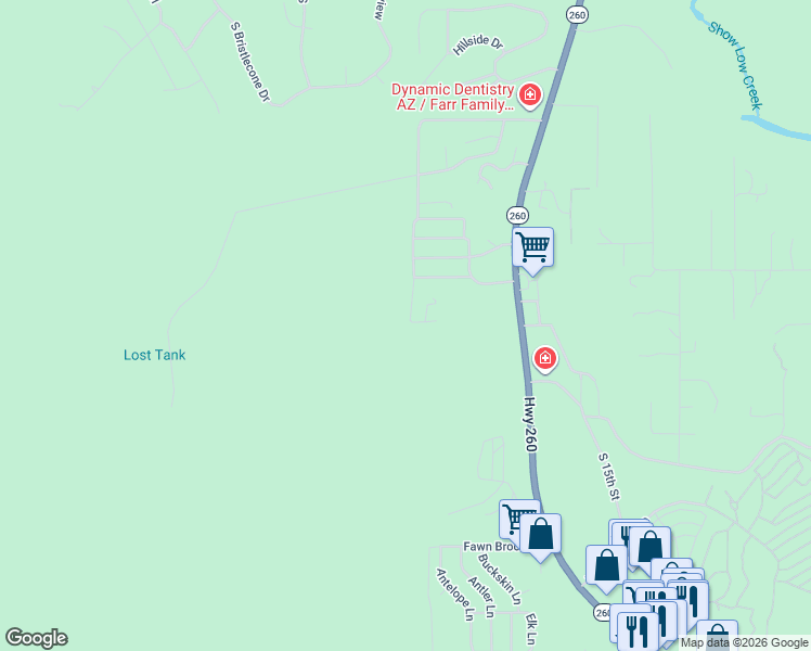 map of restaurants, bars, coffee shops, grocery stores, and more near 2800 South White Mountain Road in Show Low