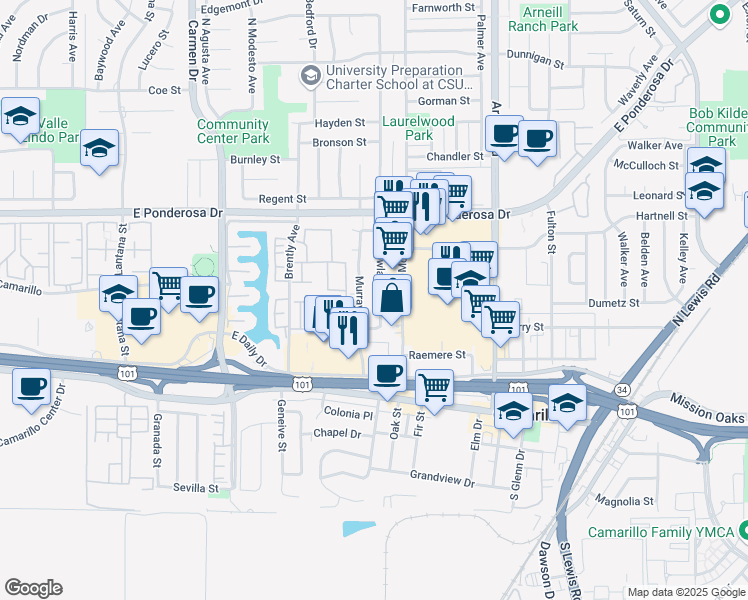 map of restaurants, bars, coffee shops, grocery stores, and more near 377 Rowland Avenue in Camarillo