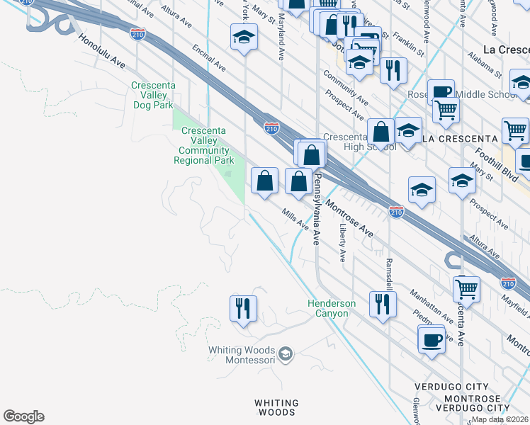 map of restaurants, bars, coffee shops, grocery stores, and more near 3337 Parkvista Drive in Glendale