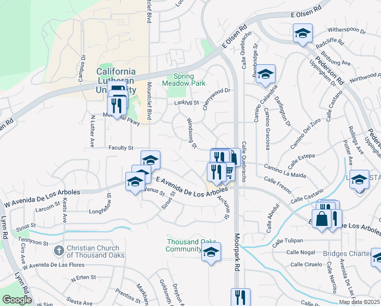 map of restaurants, bars, coffee shops, grocery stores, and more near 188 Wedgewood Circle in Thousand Oaks
