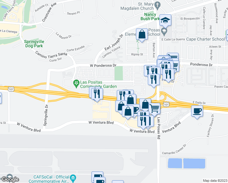 map of restaurants, bars, coffee shops, grocery stores, and more near 177 Stagetrail Road in Camarillo