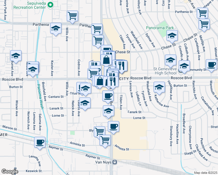 map of restaurants, bars, coffee shops, grocery stores, and more near in Los Angeles